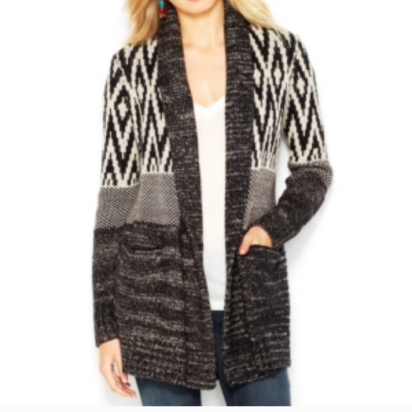 Lucky Brand Stargazer Aztec Open Front Shawl Wool Cotton Cardigan Sweater - Picture 1 of 8